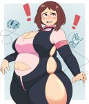  1girl absurdres blue_gloves blush bodysuit boku_no_hero_academia border breasts brown_eyes brown_hair cowboy_shot fat gloves highres huge_breasts long_sleeves looking_away looking_to_the_side medium_hair napolitane navel open_hands open_mouth outside_border sidelocks simple_background solo_focus teeth thick_arms thick_thighs thighs thread torn_clothes unraveling uraraka_ochako white_border 