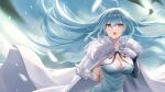  1girl ahoge aqua_eyes aqua_hair blue_dress breasts cape cleavage commentary dress elbow_gloves facing_viewer fur_cape gloves hand_on_own_chest long_hair music open_mouth sebu_illust singing single_elbow_glove solo upper_body vivy vivy:_fluorite_eye&#039;s_song white_cape white_gloves 