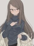  1girl black_pants brown_eyes brown_hair glasses grey_background grey_sweater hand_on_own_neck high_collar highres hinomaru_(futagun) jacket light_smile long_hair looking_at_viewer off-shoulder_jacket off_shoulder original pants simple_background solo sweater upper_body white_jacket 