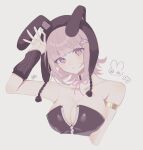  1girl animal_ears animal_hood arm_up armlet bare_shoulders black_leotard blush breasts cleavage collarbone cropped_torso danganronpa_(series) danganronpa_2:_goodbye_despair detached_collar fake_animal_ears flipped_hair galaga head_tilt highres hood large_breasts leotard medium_hair mole mole_on_breast nanami_chiaki official_alternate_costume pink_eyes pink_hair playboy_bunny pote_(pote_39) rabbit_ears rabbit_hood shiny_clothes simple_background solo strapless strapless_leotard two-tone_leotard upper_body white_background white_leotard 
