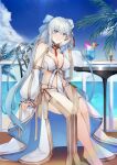  1girl bikini blue_eyes braid breasts chair cocktail_glass crazy_straw cup detached_sleeves drinking_glass drinking_straw fate/grand_order fate_(series) flower grey_hair hair_flower hair_ornament heart_straw highres large_breasts long_hair morgan_le_fay_(fate) nakaga_eri ponytail sitting smile swimsuit table twin_braids white_bikini 