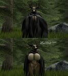  2023 2koma 3d_(artwork) anthro baek-myo big_breasts breasts brown_body brown_skin cloak clothing comic deer dialogue digital_media_(artwork) featureless_breasts female forest genitals grass hi_res horn looking_at_viewer mammal monster nude plant pussy rock solo source_filmmaker specimen_8 spooky&#039;s_jump_scare_mansion standing talking_to_viewer tree white_eyes 