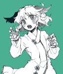  1girl animal_ears blush dog_ears dress green_background greyscale_with_colored_background hatching_(texture) itomugi-kun kasodani_kyouko linear_hatching long_sleeves looking_at_viewer monochrome open_mouth short_hair simple_background sketch solo touhou upper_body 