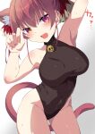  1girl animal_ear_fluff animal_ears arm_up bell black_leotard breasts cat_ears cat_girl cat_tail covered_navel for-somebody heterochromia highres hololive houshou_marine jingle_bell large_breasts leotard looking_at_viewer medium_hair neck_bell open_mouth red_eyes tail virtual_youtuber yellow_eyes 