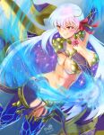  1girl armlet armor bikini_armor blue_fire blue_hair blue_skin blush breasts circlet cleavage collar colored_inner_hair colored_skin earrings fate/grand_order fate_(series) fire flower gradient_skin grin hair_ribbon highres huge_weapon iron_samurai jewelry kama_(fate) large_breasts long_hair looking_to_the_side lotus metal_collar multicolored_hair navel red_eyes ribbon smile solo thighlet thighs two-tone_hair vajra_(object) weapon white_hair 