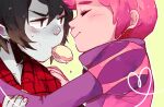  2boys adventure_time black_hair closed_mouth colored_skin fingernails food_in_mouth grey_skin hair_between_eyes hands_on_another&#039;s_shoulders male_focus marshall_lee multiple_boys pink_hair pink_skin prince_bubba_gumball vampire yaoi yovinah 