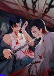  2boys black_hair black_jacket blood blood_on_clothes blood_on_face chain chen_ge doufujintianxianle gao_ming glasses gradient_hair indoors jacket lab_coat multicolored_hair multiple_boys my_house_of_horrors red_eyes shirt short_hair sleeveless sleeveless_shirt tongue tongue_out 