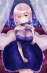 1girl blush breasts cleavage closed_mouth cocktail_dress commentary_request curtains dress fate/grand_order fate_(series) formal gloves hair_over_one_eye half_gloves head_tilt heart heart_pillow highres indoors large_breasts light_purple_hair looking_at_viewer mash_kyrielight mash_kyrielight_(chaldea_dinnertime) official_alternate_costume partial_commentary pillow purple_dress purple_eyes purple_gloves q_(f72637285) see-through short_hair sitting smile solo 