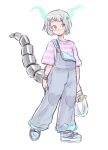  1girl alternate_hair_length alternate_hairstyle bag baggy_clothes bracelet casual dragon_girl green_eyes grey_overalls heart heart_print highres holographic_horns ibuki_meno jd_benefield jewelry mechanical_tail overalls prism_project shoes shopping_bag sneakers solo tail 
