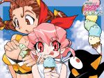  2girls accident bird blue_sky blush_stickers braid breasts brown_hair covered_nipples final_romance_4 food food_on_body holding ice_cream ice_cream_cone large_breasts logo looking_at_viewer medium_hair messy multiple_girls non-web_source official_art penguin photoshop_(medium) pink_eyes pink_hair red_eyes short_hair sky tongue tongue_out too_many too_many_scoops twin_braids upper_body 