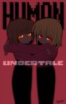  2others bano_akira blush brown_hair chara_(undertale) closed_mouth frisk_(undertale) glowing glowing_eyes grin hug long_sleeves looking_at_viewer multiple_others red_eyes red_sweater red_theme short_hair smile striped striped_sweater sweater undertale unusually_open_eyes 