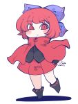  1girl :/ blush_stickers bow cape chahan_(fried_rice0614) chibi cloak expressionless full_body hair_bow highres long_sleeves red_cloak red_eyes red_hair sekibanki short_hair simple_background skirt solo standing standing_on_one_leg touhou 