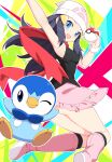  1girl :d arm_up armpits ass beanie black_hair black_shirt black_socks blue_eyes boots breasts commentary_request dawn_(pokemon) hair_ornament hairclip hat highres holding holding_poke_ball kneehighs long_hair miniskirt open_mouth pink_footwear pink_skirt piplup poke_ball poke_ball_(basic) pokemon pokemon_(creature) pokemon_(game) pokemon_dppt red_scarf rx7649 scarf shirt sidelocks skirt sleeveless sleeveless_shirt smile socks white_headwear 