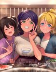  3girls ayase_eli beef black_hair blonde_hair blue_eyes bowl dated english_text food green_eyes happy_birthday highres holding_tongs hotpot love_live! love_live!_school_idol_project multiple_girls plate purple_hair ssyunn toujou_nozomi v vegetable yazawa_nico 