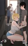  age_difference ass beer_can black_choker black_hair black_shorts blonde_hair blurry blurry_background breasts can choker clothes_pull condom condom_wrapper denim denim_shorts from_side full_body grey_shirt handjob highres jjanda large_breasts onee-shota open_mouth original shirt shoes short_hair shorts shorts_pull sleeveless sleeveless_shirt squatting standing tongue tongue_out trash white_footwear 