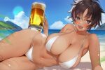  1girl :d bare_shoulders beach beer_mug bikini blue_sky blush bon_(vtuber) breasts brown_hair cleavage cloud collarbone cup dark-skinned_female dark_skin ear_piercing earrings fang fish_bone_earrings foam_on_body foam_on_face grey_eyes hair_between_eyes highres holding holding_cup huge_breasts indie_virtual_youtuber jewelry kuma_4go looking_at_viewer lying mountainous_horizon mug multicolored_hair on_side open_mouth outdoors piercing pink_hair second-party_source short_hair sky smile solo streaked_hair sweat swimsuit thick_thighs thighs virtual_youtuber water white_bikini 