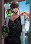  belt brown_hair glasses guilty_gear guilty_gear_strive hand_in_pocket highres kusu_(moo1225) lab_coat muscular muscular_male pectorals sol_badguy wet wet_clothes wet_hair 