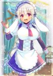  1girl :d ahoge animal_ears apron black_dress blurry blurry_background breasts collared_shirt commentary_request depth_of_field dress dress_shirt frilled_dress frills grey_hair hair_between_eyes hand_up kou_hiyoyo large_breasts layered_sleeves long_sleeves maid maid_apron maid_day maid_headdress original puffy_short_sleeves puffy_sleeves rabbit_ears red_eyes round_teeth shirt short_over_long_sleeves short_sleeves smile solo teeth upper_teeth_only white_shirt 