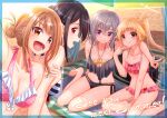  4girls :d :o barefoot beach beach_towel beach_umbrella bikini black_hair blonde_hair breasts brown_eyes brown_hair colored_inner_hair day english_text frilled_bikini frills gomasho_asuka grey_hair hair_bun hair_ornament hairclip highres locked_arms long_hair medium_breasts multicolored_hair multiple_girls o-ring open_mouth original outdoors pink_bikini purple_eyes red_eyes sand sitting small_breasts smile summer swimsuit towel umbrella v 