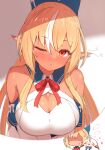  1girl ;o absurdres bare_shoulders blonde_hair blue_bow blush bow breasts cleavage cleavage_cutout clothing_cutout collarbone commentary_request dark-skinned_female dark_skin drunk elf elfriend_(shiranui_flare) hair_between_eyes hair_bow highres hololive imagining large_breasts long_hair multicolored_hair one_eye_closed pointy_ears red_eyes red_ribbon ribbon sen_(sen42724788) shiranui_flare shiranui_flare_(1st_costume) streaked_hair upper_body virtual_youtuber white_hair 