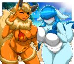  68_(artist) anthro anthrofied beach big_breasts bikini blonde_hair blue_body blue_fur blue_hair blue_tail blush bodily_fluids breast_squish breasts breasts_frottage butt_from_the_front camel_toe cheek_tuft cleavage clothed clothing curvy_figure cute_fangs day duo ears_back eeveelution embarrassed eyebrow_through_hair eyebrows facial_tuft female flareon fur generation_1_pokemon generation_4_pokemon gesture glaceon hair hair_over_eyes hand_holding hand_on_own_breast hi_res huge_breasts long_hair looking_at_viewer navel neck_tuft nintendo nipple_outline one-piece_swimsuit one_eye_closed open_mouth open_smile orange_body orange_fur outside pivoted_ears pokemon pokemon_(species) pokemorph pubes seaside skindentation smile squish star sweat sweatdrop swimwear tail thick_thighs thigh_gap translucent translucent_hair tuft v_sign voluptuous wide_hips yellow_eyes 