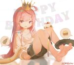  1girl absurdres barefoot black_shorts cake chinese_commentary commentary_request commission crown dolphin_shorts feet food full_body happy_birthday highres knees_up legs long_hair long_sleeves neko_blow open_mouth original pink_eyes pink_hair puffy_long_sleeves puffy_sleeves short_shorts shorts sitting soles solo speech_bubble spoken_object spread_toes sweater tentacles toenails toes white_sweater 
