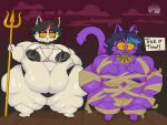  4:3 absurd_res anthro areola belly big_areola big_belly big_breasts black_hair breasts catboyz catti_(deltarune) catty_(undertale) clothed clothing costume deltarune digital_media_(artwork) domestic_cat duo ear_piercing english_text fake_horns felid feline felis female fur goth hair halloween halloween_costume hi_res holidays looking_at_viewer mammal melee_weapon morbidly_obese morbidly_obese_female mummy_costume mummy_wrappings navel nipples obese obese_anthro obese_female open_mouth overweight overweight_anthro overweight_female partially_clothed piercing polearm purple_body purple_fur sibling_(lore) simple_background smile spade_tail tail teeth text thick_thighs topwear trick_or_treat trident undertale undertale_(series) underwear weapon white_body white_fur wide_hips 
