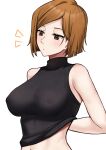  1girl absurdres alternate_breast_size arm_behind_back breasts brown_eyes brown_hair closed_mouth covered_nipples expressionless highres jujutsu_kaisen kugisaki_nobara large_breasts midriff nassss navel no_bra parted_bangs short_hair simple_background sleeveless sleeveless_turtleneck solo turtleneck upper_body white_background 