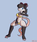  accessory akinoodles anthro blue_eyes bonnie_vale_(posspowered) bow_ribbon didelphid female flashing fur gold_bikini grey_body grey_fur hair_accessory hair_bow hair_ribbon hi_res mammal marsupial nipples ribbons smile solo virginia_opossum 