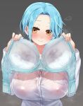  1girl artist_name blue_bra blue_hair bra bra_removed bra_visible_through_clothes breast_pocket breasts collared_shirt covered_nipples dress_shirt festa11307070 hand_up hands_on_own_chest holding holding_bra holding_clothes holding_underwear huge_breasts long_sleeves moira_(nijisanji) mole mole_under_mouth nijisanji pocket presenting_bra see-through shirt short_hair simple_background solo steaming_body underwear upper_body wet wet_clothes wet_shirt white_shirt yellow_eyes 