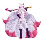  9_tails absurd_res anthro breasts canid canine catalyst_(fortnite) catalyst_reality_69420_(dracothegolden) dewclaw deya_uwu digitigrade epic_games featureless_breasts featureless_crotch female fortnite fox fur fur_markings gloves_(marking) harvesting_tool hi_res holding_object holding_weapon leg_markings mammal markings multi_tail pink_eyes smile socks_(marking) solo tail weapon white_body white_fur 