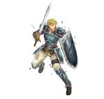  1boy armor blonde_hair brown_footwear damaged fire_emblem fire_emblem:_the_blazing_blade fire_emblem_heroes harken_(fire_emblem) holding holding_shield holding_sword holding_weapon shield shin_guards shoulder_armor solo sword weapon 