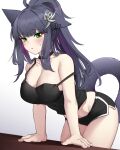  1girl absurdres animal_ears arknights black_collar black_shorts black_tank_top blue_hair blush breasts cat_ears cat_girl cat_tail cleavage collar groin hair_ornament highres jessica_(arknights) k0ng large_breasts leaning_forward long_hair looking_at_viewer midriff multicolored_hair navel ponytail short_shorts shorts sidelocks simple_background solo strap_slip streaked_hair sweatdrop tail tank_top thighs white_background 