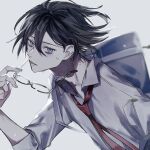  1boy bishounen black_hair blue_eyes glasses highres looking_at_viewer male_focus necktie original red_necktie shirt short_hair simple_background solo sweat taiyakitarou upper_body white_background white_shirt 
