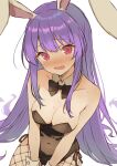  1girl @_@ ahase_hino animal_ears black_leotard blush breasts cleavage collarbone covered_navel cowboy_shot detached_collar fishnet_pantyhose fishnets highres leotard long_hair looking_at_viewer medium_breasts open_mouth pantyhose playboy_bunny purple_hair rabbit_ears red_eyes reisen_udongein_inaba simple_background solo strapless strapless_leotard touhou white_background wrist_cuffs 