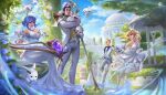  2boys 2girls aizukie armor bare_shoulders black_hair blonde_hair blue_eyes boots breasts cloud crystal_rose_ezreal crystal_rose_jarvan_iv crystal_rose_lux crystal_rose_sona day detached_sleeves dress ezreal flower formal gloves high_heels highres holding holding_hands holding_weapon jacket jarvan_iv_(league_of_legends) league_of_legends league_of_legends:_wild_rift long_hair looking_at_another lux_(league_of_legends) medium_breasts multiple_boys multiple_girls official_alternate_costume outdoors pants pauldrons poro_(league_of_legends) purple_flower purple_hair purple_rose rose shirt short_hair shoulder_armor sitting sky smile sona_(league_of_legends) suit teeth veil vest weapon white_dress white_flower white_gloves white_jacket white_pants white_rose white_shirt white_suit white_vest yordle 