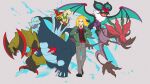  1boy baxcalibur black_footwear black_gloves black_vest blonde_hair closed_mouth commentary_request dragalge flapple gloves green_jacket grey_pants hassel_(pokemon) haxorus highres jacket long_sleeves male_focus noivern open_clothes open_jacket orange_eyes pants parted_bangs pokemon pokemon_(creature) pokemon_(game) pokemon_sv shoes smile standing u2t5k2s5 vest 