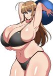  1girl ahoge armpits ball bikini black_bikini blue_eyes breasts brown_hair cleavage earrings highres holding holding_ball huge_breasts jewelry komusou_(jinrikisha) long_hair looking_at_viewer navel ooba_minori original shiny_skin smile solo stud_earrings swimsuit 