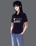  1boy arrow_(symbol) black_eyes black_hair black_shirt clothes_writing collarbone grey_background grey_pants hands_in_pockets highres itou_kaiji kaiji long_hair male_focus pants pocket scar scar_on_cheek scar_on_face shirt short_sleeves simple_background solo standing t-shirt zawabug 