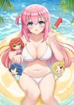  4girls :o absurdres bikini blonde_hair blue_eyes blue_hair bocchi_the_rock! breasts cube_hair_ornament food gotou_hitori green_eyes hair_ornament hand_up highres ijichi_nijika innertube kita_ikuyo large_breasts long_hair looking_at_viewer mini_person minigirl multiple_girls navel open_mouth pink_hair popsicle red_eyes red_hair side_ahoge sitting stomach swimsuit thighs very_long_hair water watermelon_bar wet white_bikini yamada_ryou yukiunag1 