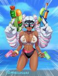  1girl abs arms_(game) bikini black_bikini_bottom blue_eyes breasts cleavage closed_mouth dangle_earrings dark-skinned_female dark_skin earrings grey_hair holding holding_water_gun jewelry large_breasts long_hair looking_at_viewer mike_luckas multicolored_hair navel pink_hair pink_lips pink_nails smile solo swimsuit twintelle_(arms) water_gun white_bikini 