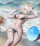  1girl absurdres animal_ear_fluff animal_ears arknights armpits arms_up artist_name beach bikini bird black_bikini blunt_bangs cat_ears collarbone green_eyes grey_hair hat hat_removed headwear_removed highres kal&#039;tsit_(arknights) knee_up looking_at_viewer mirror navel parted_lips reflection short_hair side-tie_bikini_bottom solo stomach straw_hat swimsuit thehprm untied untied_bikini water 