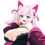  1girl :d animal_ear_fluff animal_ears black_choker black_dress blue_eyes bow breast_strap breasts choker cleavage dress fangs hair_bow hand_up head_tilt highres huge_breasts indie_virtual_youtuber jacket lace-trimmed_dress lace_trim light_blush long_hair long_sleeves looking_at_viewer momoeolia off_shoulder open_mouth pink_hair pink_jacket red_bow selfie sidelocks simple_background single_bare_shoulder smile solo swept_bangs tongue tsukimiya_yue two_side_up upper_body v virtual_youtuber white_background 