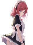  1girl alternate_costume apron ass black_dress blush borgbutler bow bowtie closed_mouth commentary_request cowboy_shot dress enmaided frilled_apron frills hair_between_eyes highres looking_at_viewer love_live! maid maid_apron maid_headdress nishikino_maki panties puffy_short_sleeves puffy_sleeves purple_eyes red_hair ribbon short_hair short_sleeves simple_background skirt solo standing underwear waist_apron white_apron white_background white_panties wrist_cuffs 