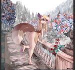  anthro arm_support biped blonde_hair breasts bridge brown_body brown_fur butt canid canine collaboration detailed_background digital_media_(artwork) ear_piercing female flower fur green_eyes hair hindpaw jeffusherb long_hair looking_at_viewer mammal nude nude_outside outside pawpads paws piercing pink_nose pink_pawpads plant rinka_eya shaded solo tail tan_body tan_fur tree vtza water 
