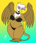  4_fingers abstract_background anthro avian beak bedroom_eyes big_breasts black_bra black_clothing black_panties black_underwear bra breasts brown_body brown_feathers brown_fur clothing collar digital_media_(artwork) duragan feathered_wings feathers female fingers friendship_is_magic fur gilda_(mlp) grin gryphon hasbro hi_res multicolored_body multicolored_fur my_little_pony mythological_avian mythology narrowed_eyes navel panties seductive signature slightly_chubby smile solo tail tail_tuft talons teeth tuft underwear white_body white_feathers white_fur wide_hips wings yellow_beak yellow_eyes 
