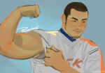  1boy absurdres asian bara baseball_uniform biceps buzz_cut facial_hair flexing goatee highres incredibly_absurdres large_pectorals long_sideburns looking_to_the_side male_focus mature_male muscular muscular_male original pectorals powerlesssong short_hair sideburns sketch sleeve_pull solo sportswear stubble thick_eyebrows upper_body very_short_hair 