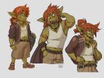  belt bottomwear clothing footwear goblin green_body hair humanoid humanoid_pointy_ears jacket jerome_jacinto long_hair male male/male navel pants raka_(jerome_jacinto) red_hair shirt shoes solo tank_top topwear 