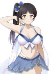  1girl alternate_hairstyle arm_up bare_arms barkhorn0331 bikini black_hair blush breasts closed_mouth collarbone commentary front-tie_bikini_top front-tie_top hair_ornament hair_ribbon hand_in_own_hair hazuki_ren highres large_breasts long_hair looking_at_viewer love_live! love_live!_superstar!! midriff navel ribbon see-through_swimsuit side_ponytail smile solo star_(symbol) star_hair_ornament swept_bangs swimsuit two-tone_bikini white_background yellow_eyes 