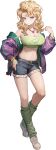  1girl adidas blonde_hair blonney blue_shorts bracelet breasts cleavage earrings full_body green_leg_warmers hair_ornament hairclip highres jacket jewelry large_breasts leg_warmers long_hair looking_at_viewer navel necklace off_shoulder official_art purple_jacket reverse:1999 shoes shorts sneakers solo standing tachi-e third-party_source transparent_background white_footwear 